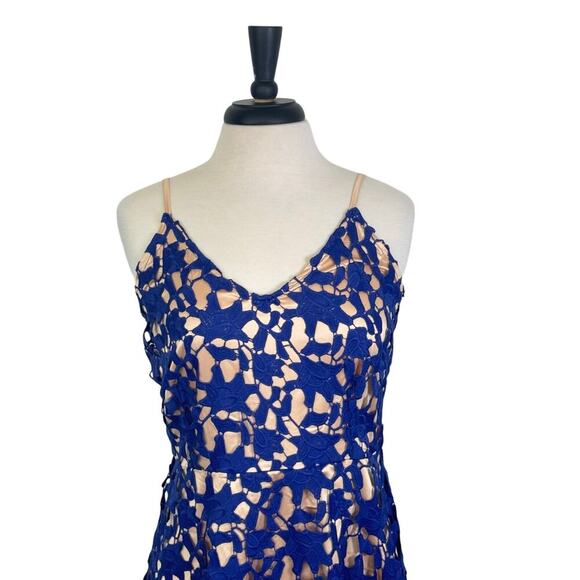 NEW Ashir Aley Royal Blue Cut Out Lace over Nude V-Neck Hi-Lo Dress Women's Sz L - Picture 3 of 9
